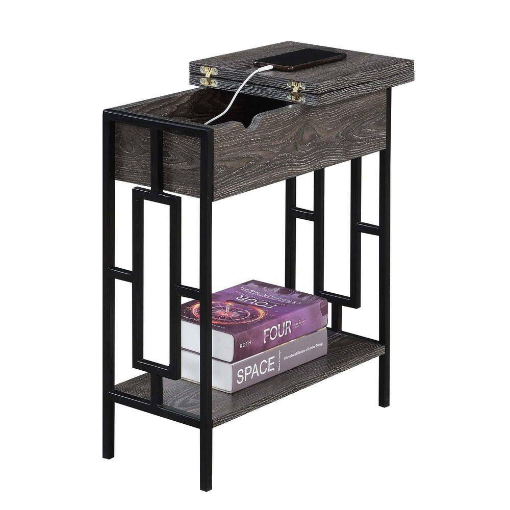 Weathered Gray and Black Wood-Metal End Table with Charging Station