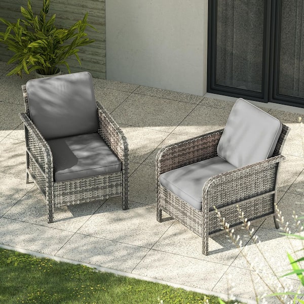 2-Piecess Outdoor Armchair Patio Conversation Set Patio Chairs Gray Wicker with Gray Cushion
