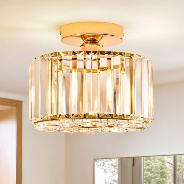 9.3 in. 1-Light Gold Crystal Semi Flush Mount Ceiling Light With Clear Glass Shade