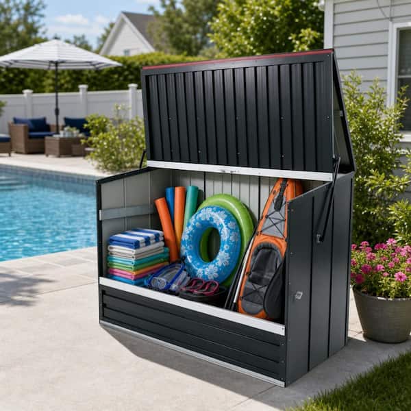 845 Gal Galvanized Steel Horizontal Deck Box, Flip Top Fold Door Outdoor Bike Pool Garden Storage