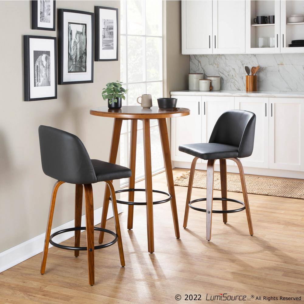 Toriano Swivel Counter Stool in Black Faux Leather with Wood Base