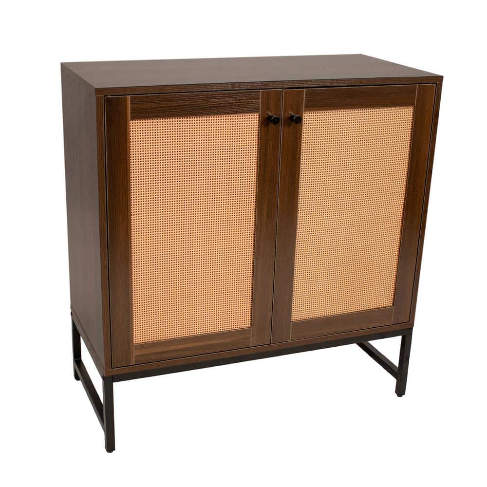 Dark Brown MDF and Rattan 2-Door Office Cabinet with Adjustable Shelving