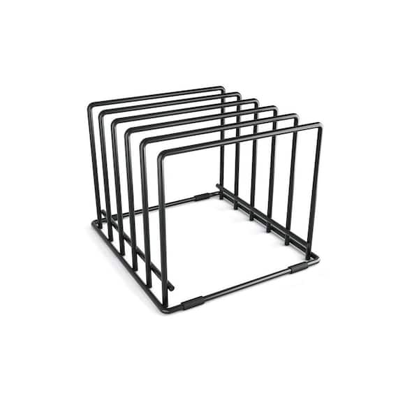 Black Steel Kitchen Organizer Rack 5-Slot Bakeware and Cutting Board Holder with Anti-Slip Feet 2 Pack