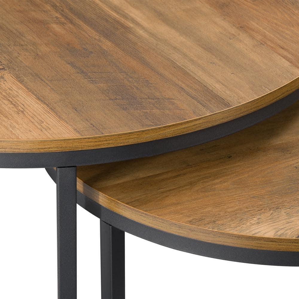 Contemporary Round Wood & Metal Nesting Coffee Tables - Black/Brown
