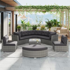 Gray Wicker Outdoor Modular Sectional Set with Gray Cushions and Storage Center Table