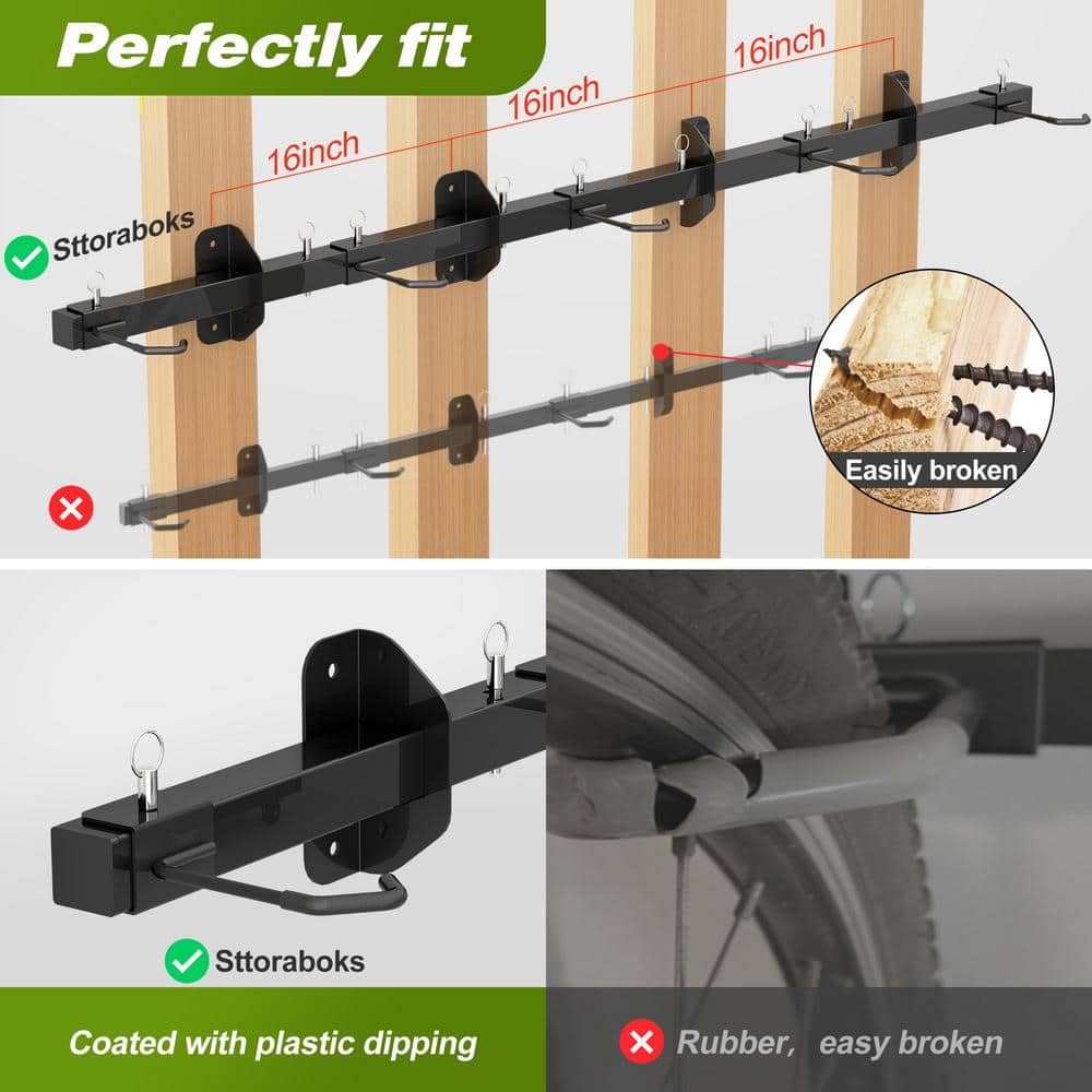 68-Inch Black Steel Wall Mount Bike Storage Rack with Adjustable Hooks