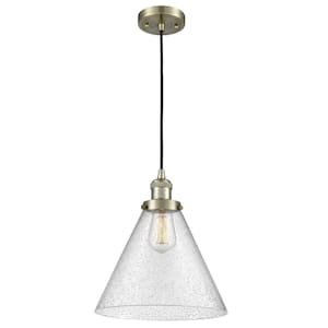 Cone 60-Watt 1 Light Antique Brass Shaded Mini Pendant Light with Seeded glass Seeded Glass Shade
