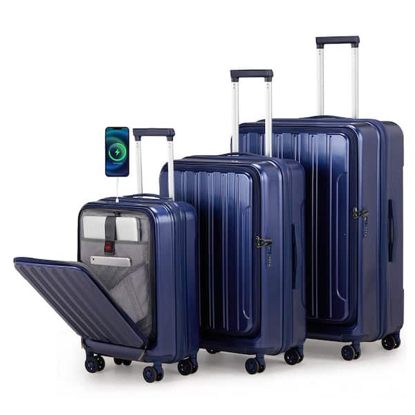 Karl home Front Compartment 3 Piece Blue 20 in. 24 in. 28 in. ABS PC Luggage Set with USB Port Double Spinner Wheels TSA Lock HDK1G51000769 The Home Depot