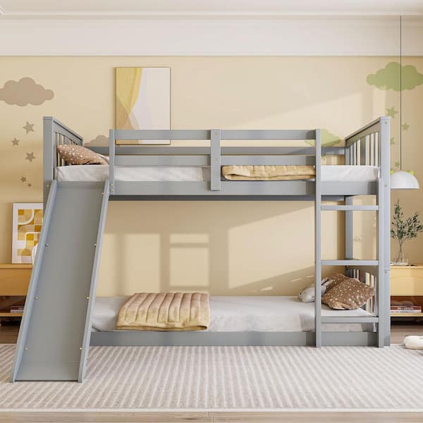 Harper & Bright Designs Gray Wood Frame Twin over Twin Bunk Bed with Slide and Built-in Ladder