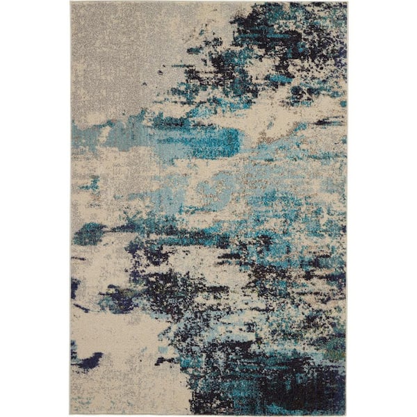 Celestial Ivory/Teal Blue 4 ft. x 6 ft. Abstract Modern Area Rug