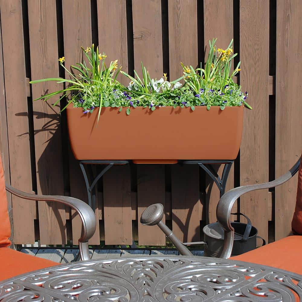 30" Terra Cotta Rectangular Planter with Wrought Iron Stand