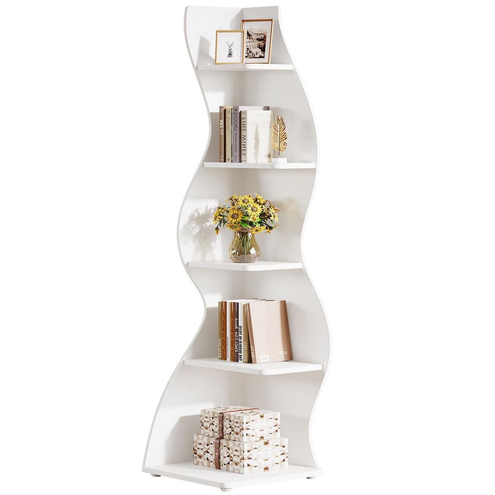 Eulas 69.8 in. Tall White Wood 5-Shelf Standard Bookcase Corner Shelf with Storage Shelf and Curvy Shape (Set of 2)
