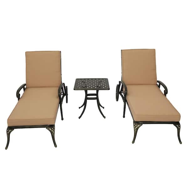 Mondawe Antique Bronze 3-Piece Cast Aluminum Outdoor Lounge Chair Set with Beige Cushions and Table