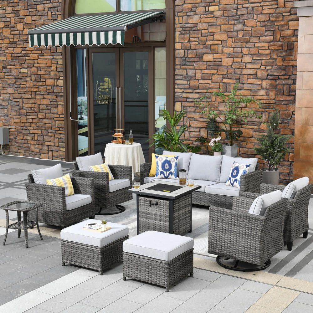Mars Gray 9-Piece 7-People Wicker Patio Conversation Fire Pit Sofa Set with Light Gray Cushion and Swivel Rocking Chairs price history on PriceWatchPro