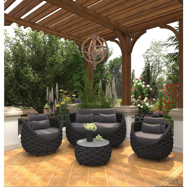 TWT Bird's Nest 4-Piece Black Aluminum Hand-Woven Outdoor Patio Waterproof Sectional Seating Set with Dark Grey Cushions