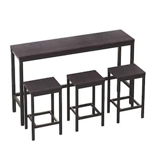 4-Piece Dark Gray Long Wood Top Dining Table Set with 3 Stools