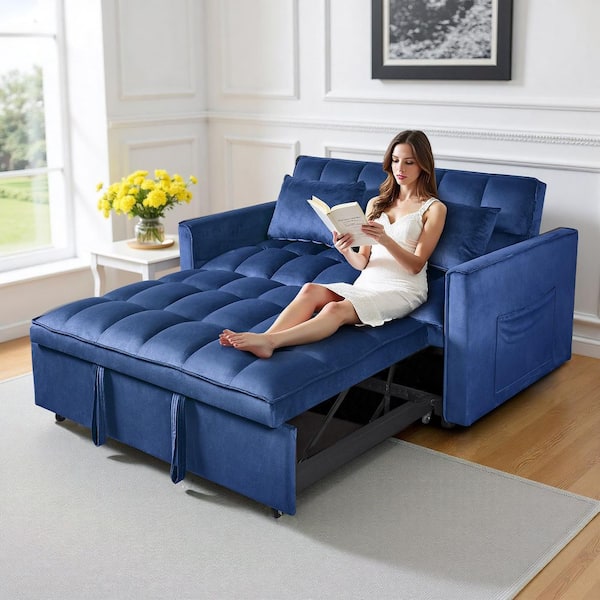 WONDER COMFORT 3-in-1 Convertible Loveseat 51 in. Blue Suede Pull-Out Twin Size Sofa Bed with Pocket and Throw Pillow