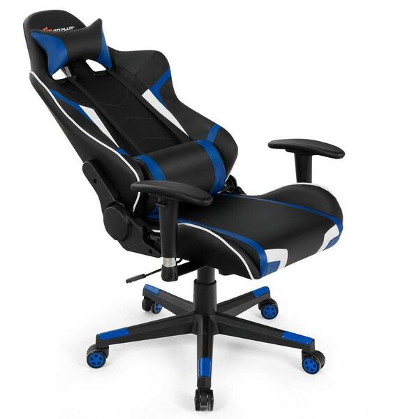 FORCLOVER Blue Leather Reclining Swivel Game Chair with Adjustable Arms and Lumbar Massage Cushion