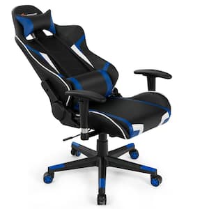 Blue Faux Leather Game Chair with Adjustable Arms and Massage Lumbar Cushion