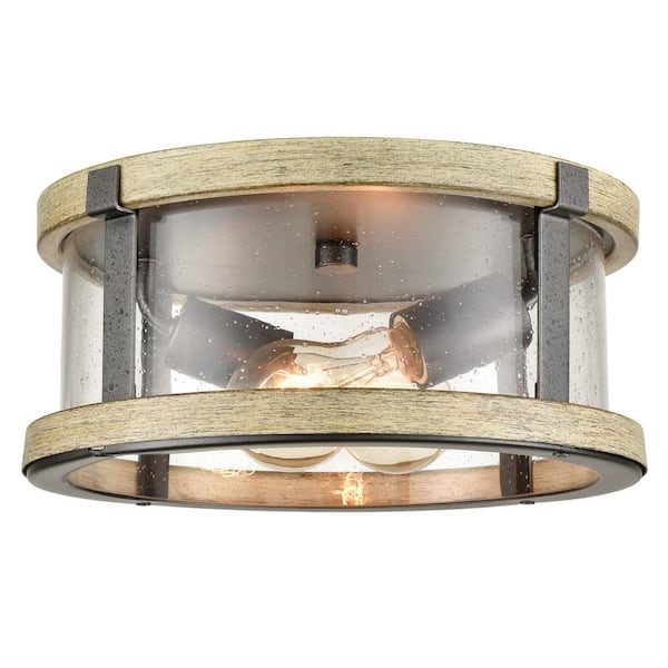 14 in. 2-Light Fixture Black Finish Modern Flush Mount with Seeded Glass Shade 1-Pack