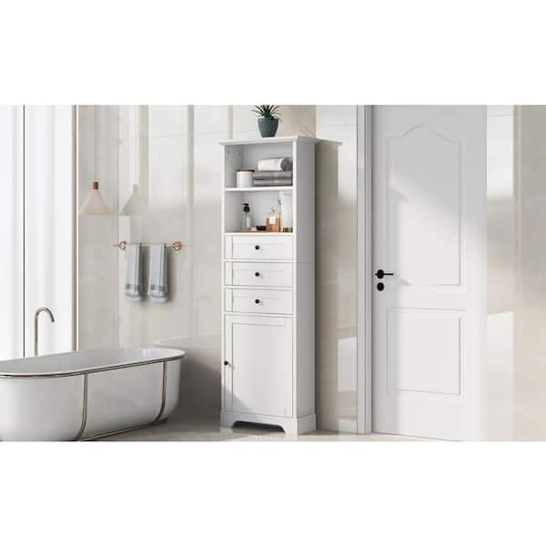 Unbranded 22 in. W x 10 in. D x 68 in. H White MDF Freestanding Linen Cabinet with 3-Drawers and Adjustable Shelves