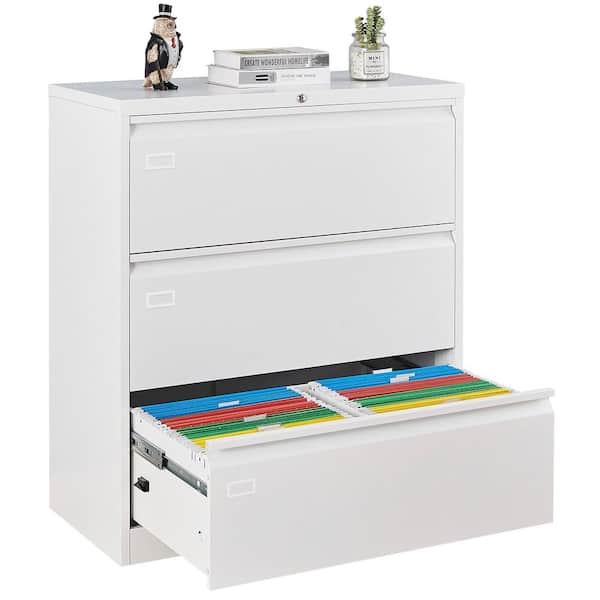 Unbranded 3-Drawer Ivory White 40.28 in. H x 35.43 in. W x 17.72 in. D Metal Lateral File Cabinet Locked by Keys Storage Cabinet