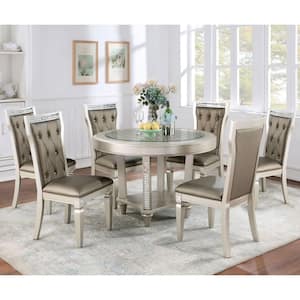 Deltona 7-Piece Round Champagne and Warm Gray Glass Top Dining Table Set