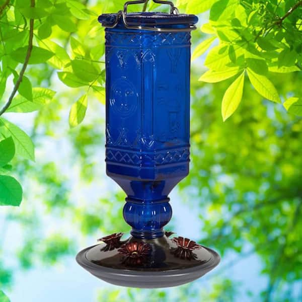 16 oz Bottle Antique Square Decorative Vintage Blue Glass Hummingbird Feeder 
