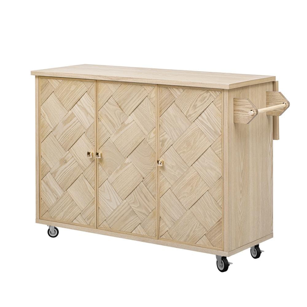 51.2 in. Beige Kitchen Island Solid Wood Handwoven with Drop Leaf, Coastal 