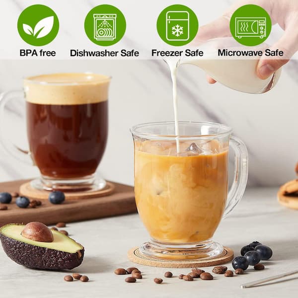 Wudkey Glass Coffee Mugs, Clear Coffee Mug 15 oz. with Handles for Hot Beverages, Clear Mugs for Tea, Cappuccino (Set of 4)