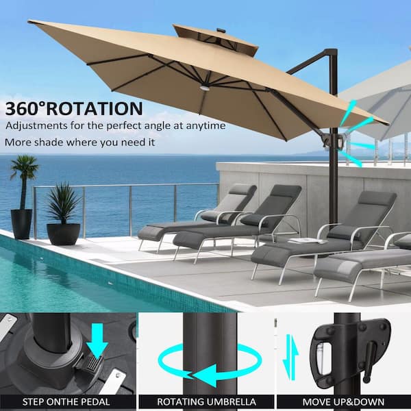 10 ft. x 13 ft. Heavy Duty Cantilever Tiltable 360° Rotation Solar LED Lighted Patio Umbrella in Tan and Umbrella Base