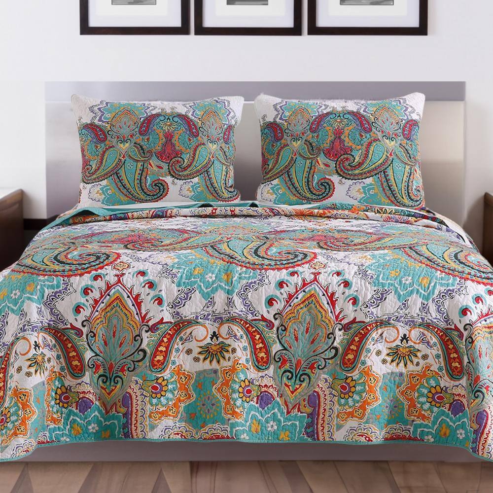Queen Size Blue Paisley Microfiber Quilt Set