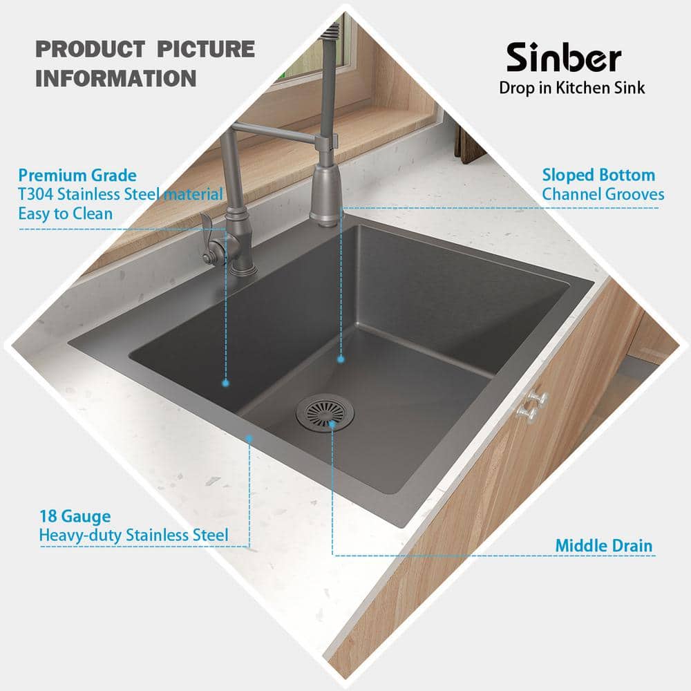 Sinber 25" Black Stainless Steel Single Bowl Kitchen Sink with Drainboard