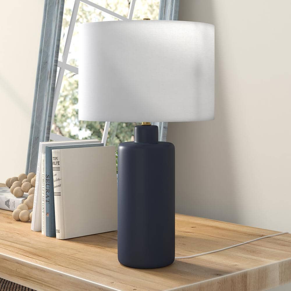 Navy Ceramic Cylinder Nightstand Lamp with White Linen Shade