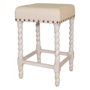 Remick 24 in. Vintage White and Linen Barley Twist Upholstered Counter Stool
