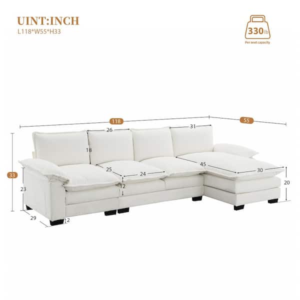 118 in. Square Arm Chenille L-Shaped Sofa with Double Seat Cushions in Beige