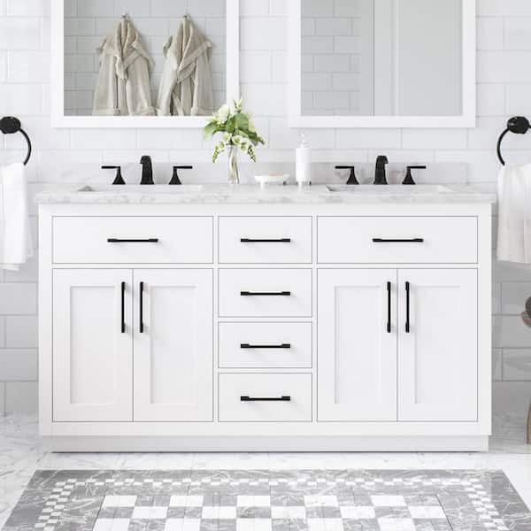 Athea 60 in. Freestanding White Bath Vanity with White Engineered Marble Top, Power Bar and Matte Black Hardware