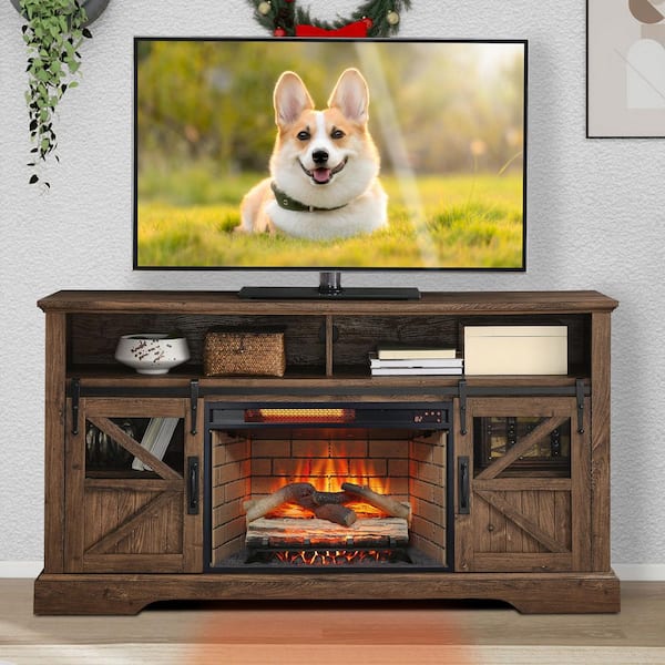 60 in. Freestanding Ultra Thin Tempered Glass Front Smart Electric Fireplace and TV Stand with Remote in Brown