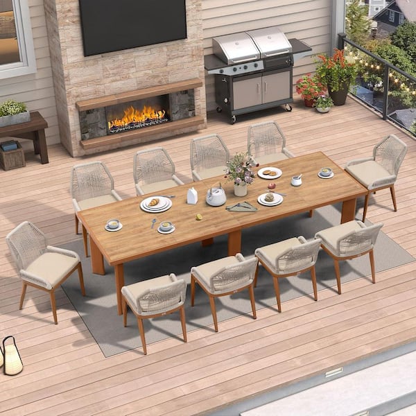 11-Piece Aluminum Outdoor Dining Set Teak Patio Furniture Set Wicker Table and Chairs with Cushions