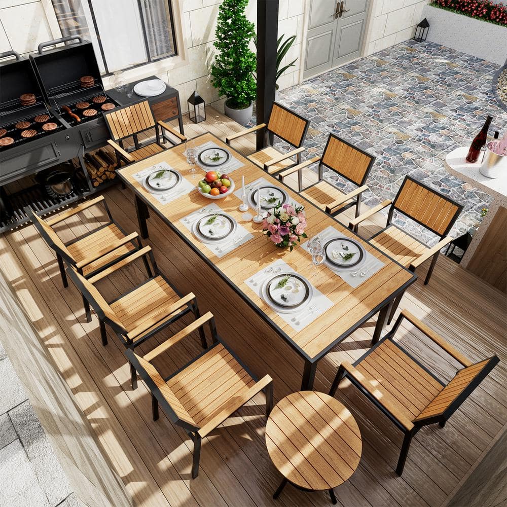 10-Piece Aluminum Outdoor Patio Dining Set with Rectangle Table, Small Side Table and 8-Stackable Chairs