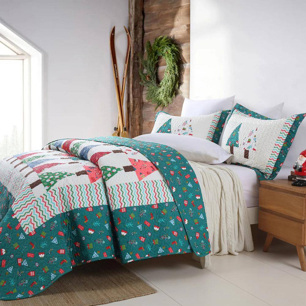 Blue Christmas Patchwork Cotton Queen Quilt Set