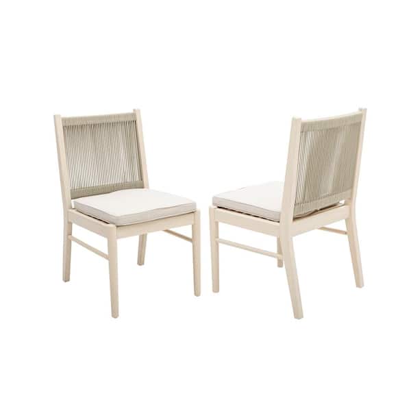 Noble House Outdoor Patio Bleach Acacia Wood Dining Chairs (Set of 2), Beige Cushion Plus Grey Rope