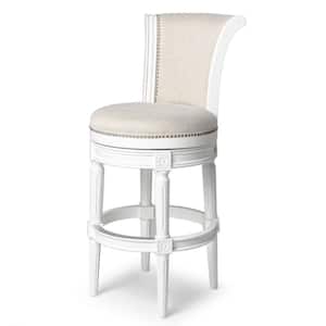 Pullman 31 in. Alabaster White High Back Wooden Bar Stool with Premium Cream Fabric Upholstered Seat