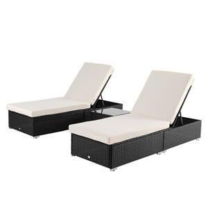 Black 3-Piece Wicker Outdoor Chaise Lounge with White Cushions