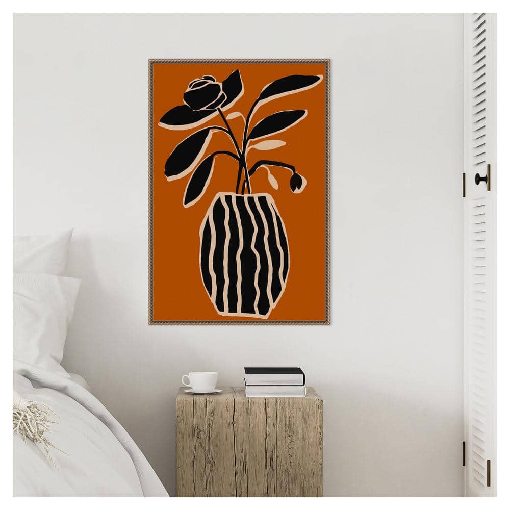 Ochre and Black Abstract Floral Canvas Print with Bronze Frame