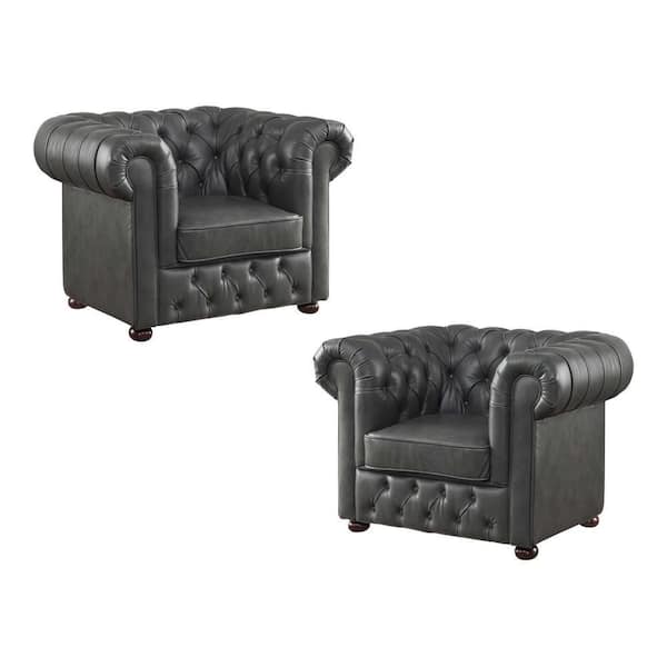 EVERGLADE HOME Rosalie 46.5 in. W Rolled Arm Faux Leather Chesterfield ArmRectangle Chair in Gray (Set of 2)