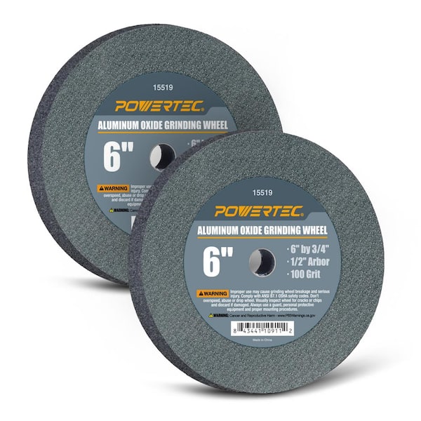 POWERTEC 6 in. x 3/4 in. 100-Grit 1/2 in. Arbor Aluminum Oxide Grinding Wheel for Bench Grinder (2-Pack)