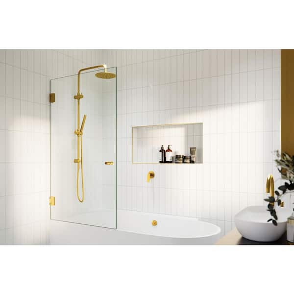Albedo 31.25 in. W x 58.25 in. H Frameless Walll Hinged Tub Door in Satin Brass with Clear Glass