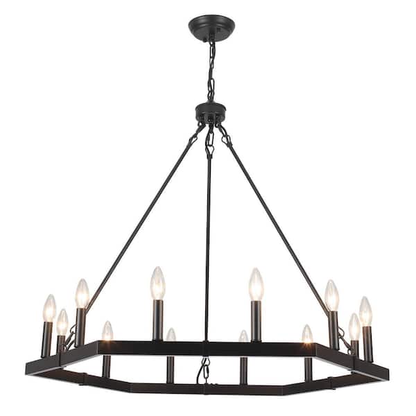 12 - Light Black Dimmable Hexagon Wagon Wheel Chandelier for Farmhouse Kitchen Island with No Bulbs Included