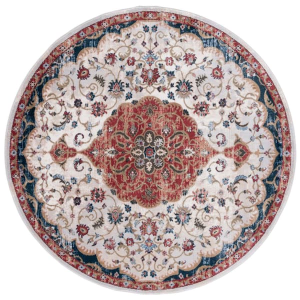 Rosewood 7 ft. x 7 ft. Ivory/Red Medallion Ornate Border Round Area Rug